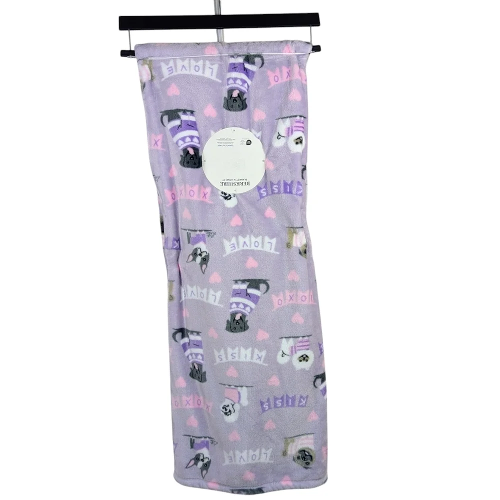 Boston Terrier Frenchie Pugs Kisses Love Plush Throw Blanket Lavender 60x70 NWT